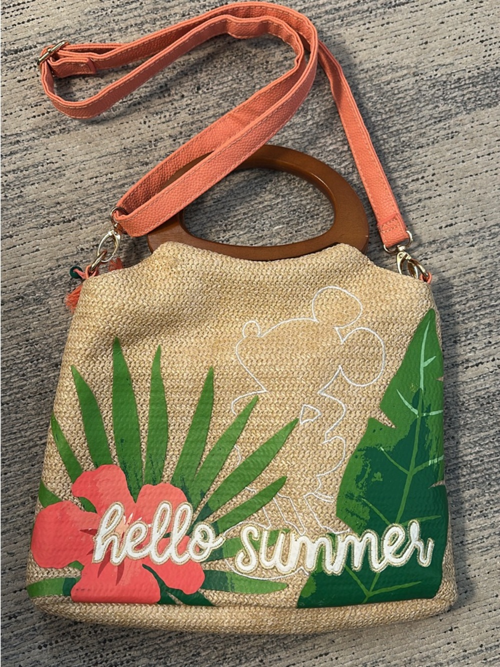 Hello Summer Straw Tote Bag with Coral Strap